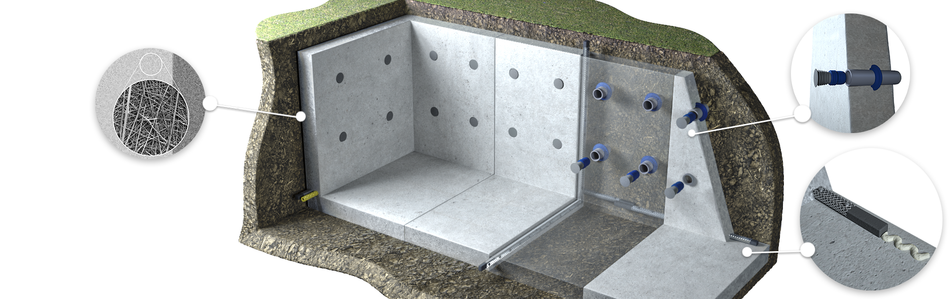 Imaginea subsolului unei structuri din beton și soluțiile de hidroizolare pentru diferite puncte vulnerabile: hidroizolarea betonului, etanșarea rosturilor de turnare, etanșarea golurilor de cofrare